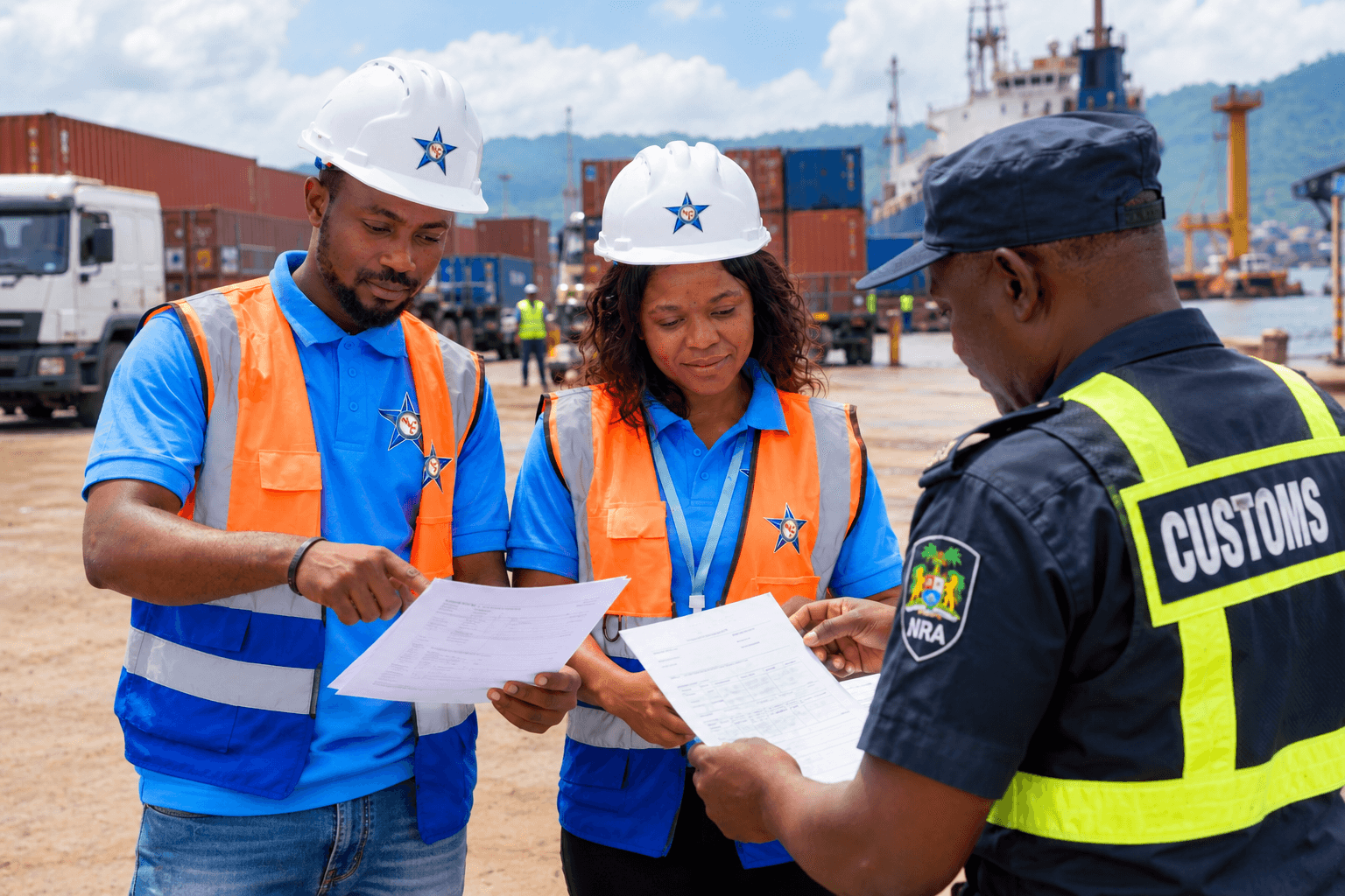 Customs clearing professional reviewing import documents near cargo containers at Freetown port.